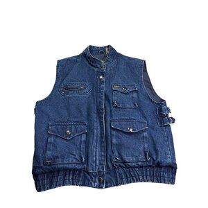 Vintage 90s Denim Utility Vest L Multiple Pockets Snaps Blue Cotton Nylon Lined